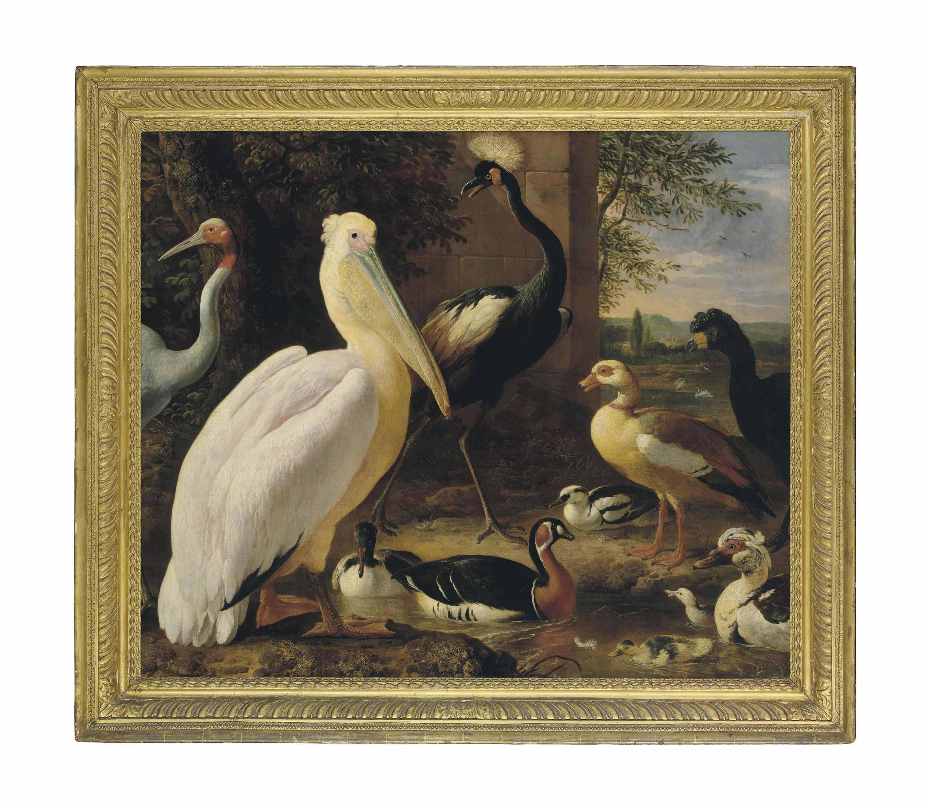 Melchior d’Hondecoeter - A pelican, a crowned crane, a curassow, a sarus crane and ducks in a river landscape