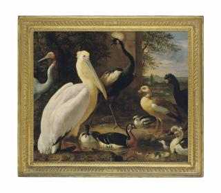 Melchior d’Hondecoeter - A pelican, a crowned crane, a curassow, a sarus crane and ducks in a river landscape