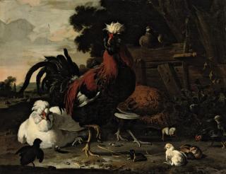 Melchior d\'Hondecoeter - A rooster, hens, chicks and a pigeon near a wood paling in a landscape