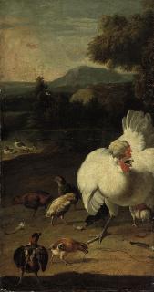 Melchior d\'Hondecoeter - A wooded landscape with a hen and chicks in the foreground: a fragment