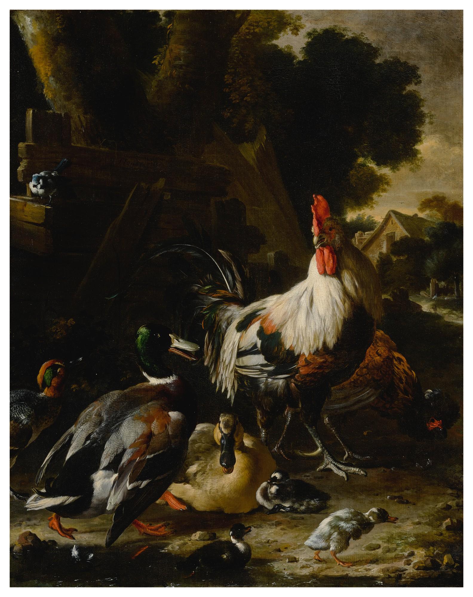 Melchior D\'Hondecoeter - Ducks, hens and other fowl in a yard