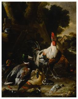 Melchior D\'Hondecoeter - Ducks, hens and other fowl in a yard