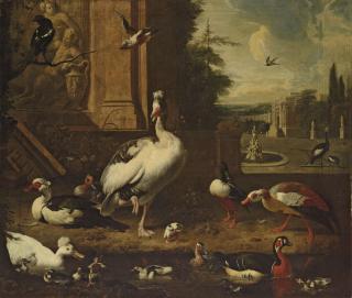 Melchior d\'Hondecoeter - Geese, ducks, a magpie and other birds at a pond, an architectural capriccio landscape beyond