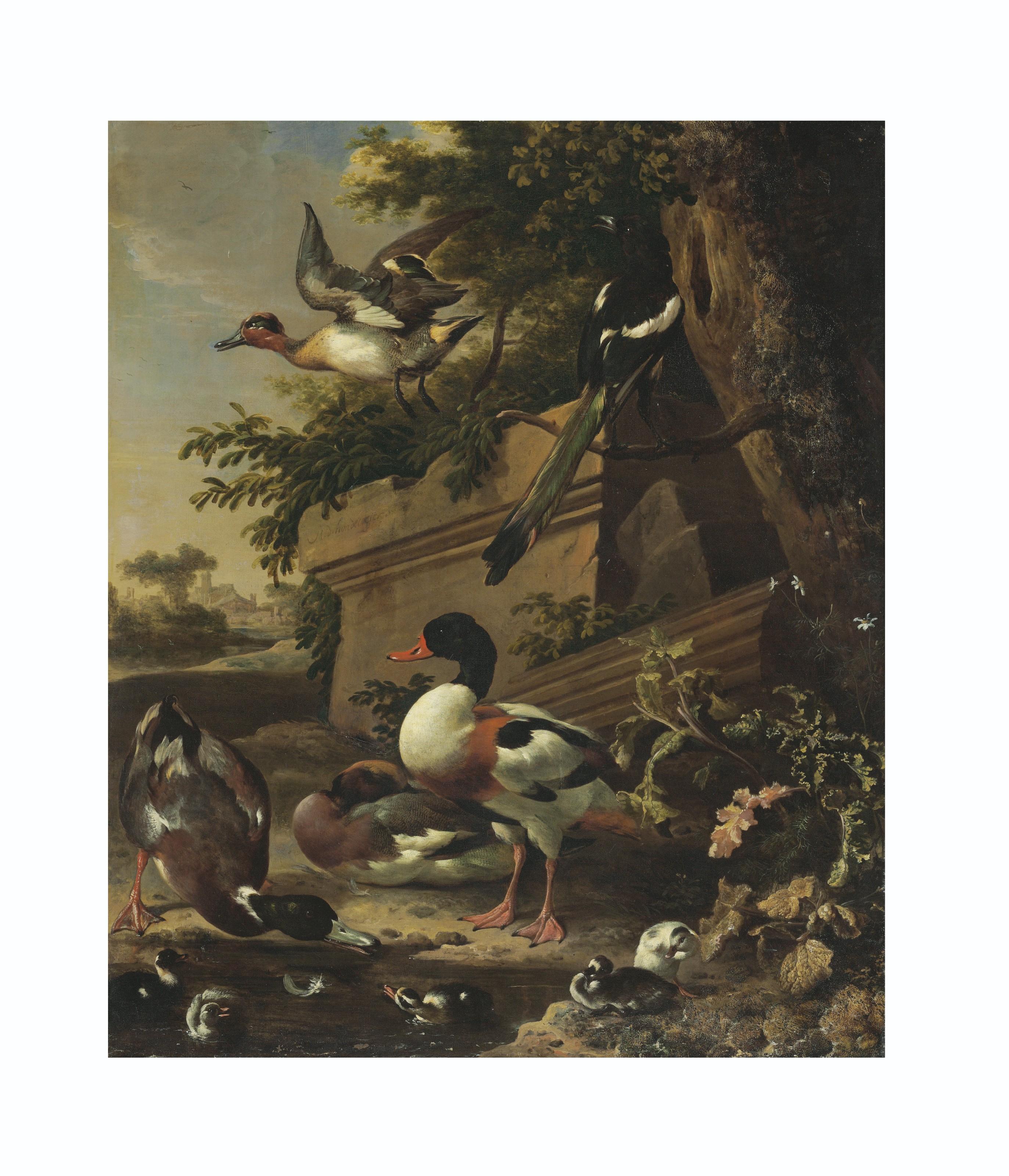 Melchior D\'Hondecoeter - Sheldrake ducks and ducklings with a magpie in a garden, a village beyond