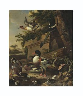 Melchior D\'Hondecoeter - Sheldrake ducks and ducklings with a magpie in a garden, a village beyond
