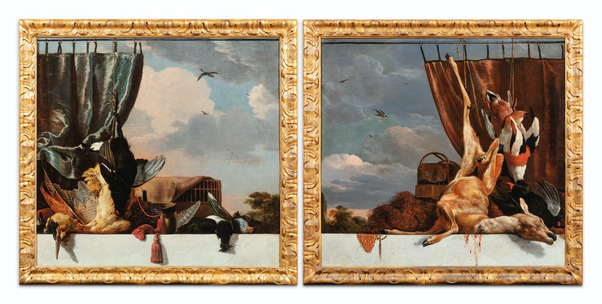 Melchior d\'Hondecoeter - Still life with a heron and a blue curtain; Still life with a deer and a red curtain