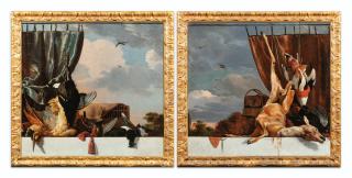 Melchior d\'Hondecoeter - Still life with a heron and a blue curtain; Still life with a deer and a red curtain