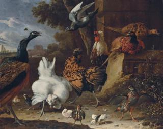 Melchoir D\'Hondecoeter - A Cockerel, Hens, Chicks, A Partridge, Pheasants, A Peacock And A Pigeon By A Wall In The Park Of A Mansion