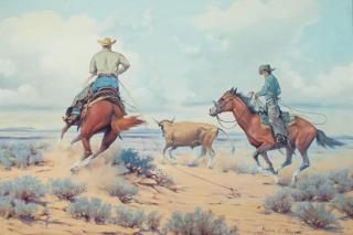 Melvin Warren - Two cowboys roping a steer