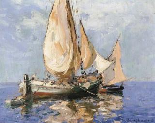 Merio Ameglio - Fishing boats at a Mediterranean town; and Fishing vessels in still waters