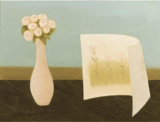 Metten Koornstra - A still life with a drawing and flowers in a vase