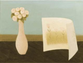 Metten Koornstra - A still life with a drawing and flowers in a vase