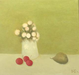 Metten Koornstra - A still life with flowers in a vase, cherries and a pear