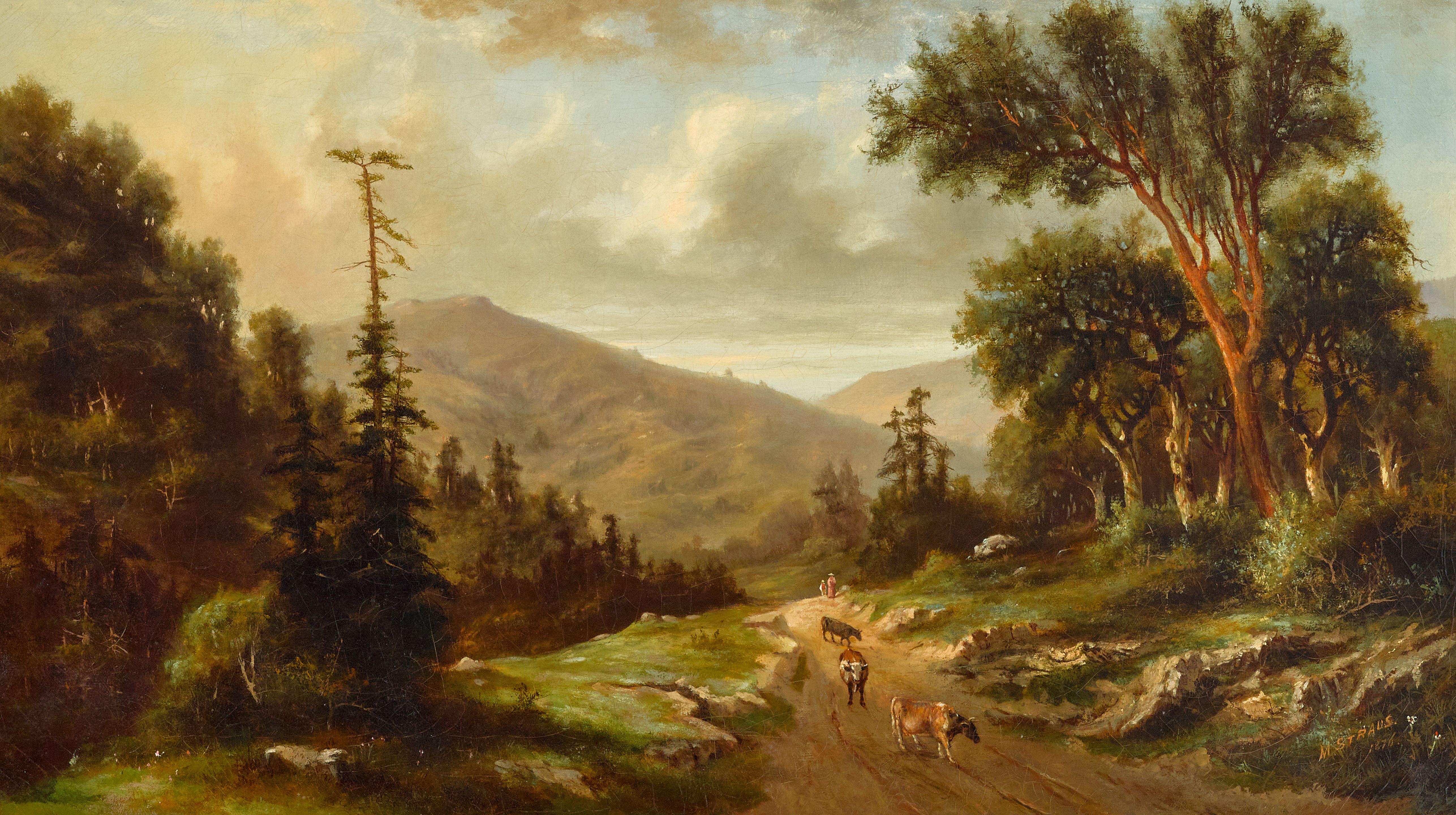 Meyer Straus - Landscape with figures and cattle on a road