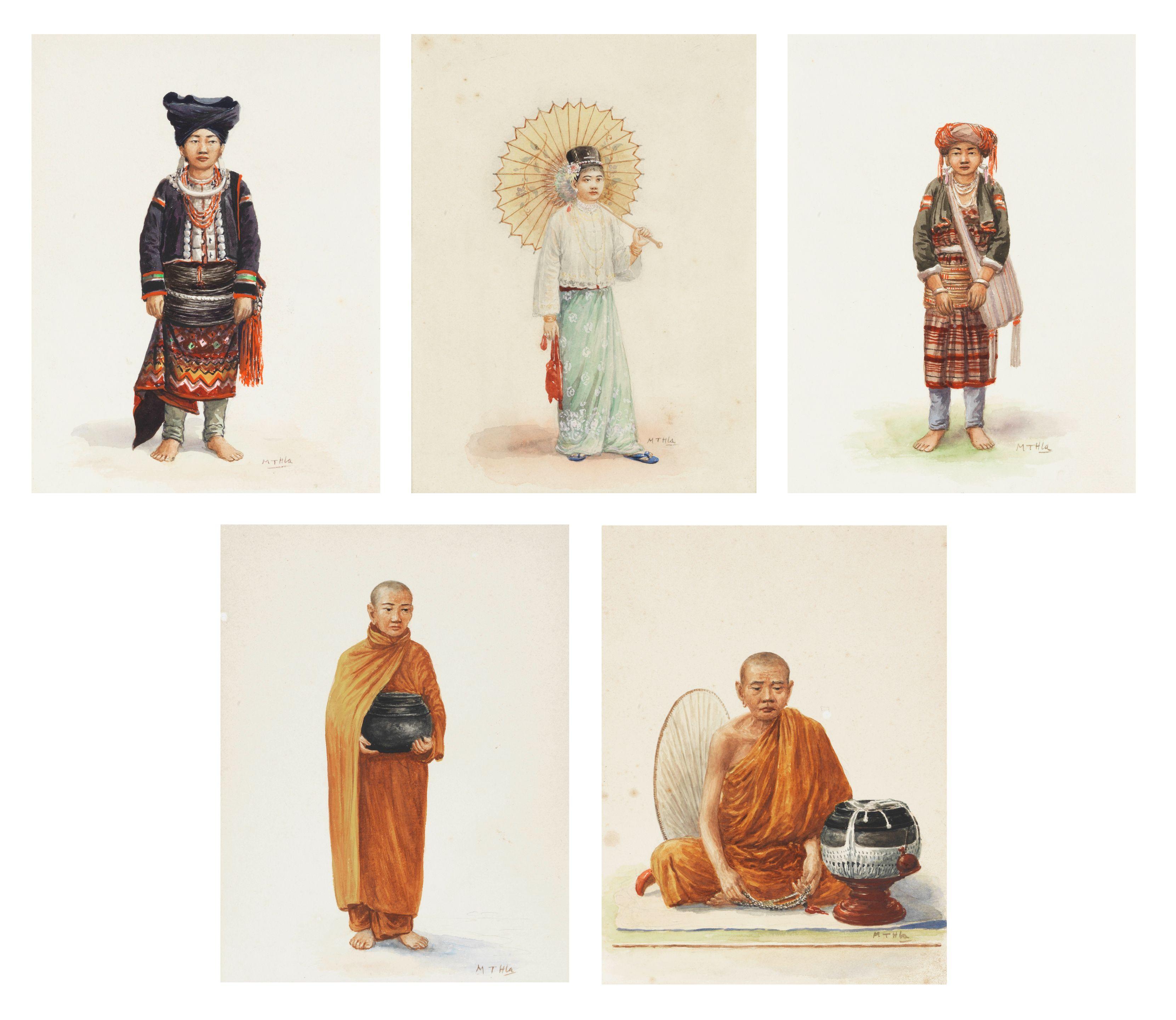 Mg Tun Hla - A set of five full length portrait studies of Burmese figures in traditional dress each 19 x 14.6cm (7 1/2 x 5 3/4in). (5)