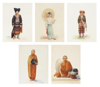 Mg Tun Hla - A set of five full length portrait studies of Burmese figures in traditional dress each 19 x 14.6cm (7 1/2 x 5 3/4in). (5)