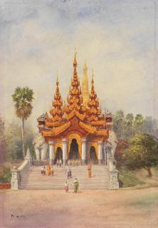 Mg Tun Hla - Figures climbing the steps of the Shwedagon Pagoda