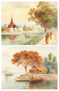 Mg Tun Hla - The moat, Mandalay, Burma; A Burmese fisherman\'s hut, a pair each 18.4 x 22.6cm (7 1/4 x 8 7/8in). (2)