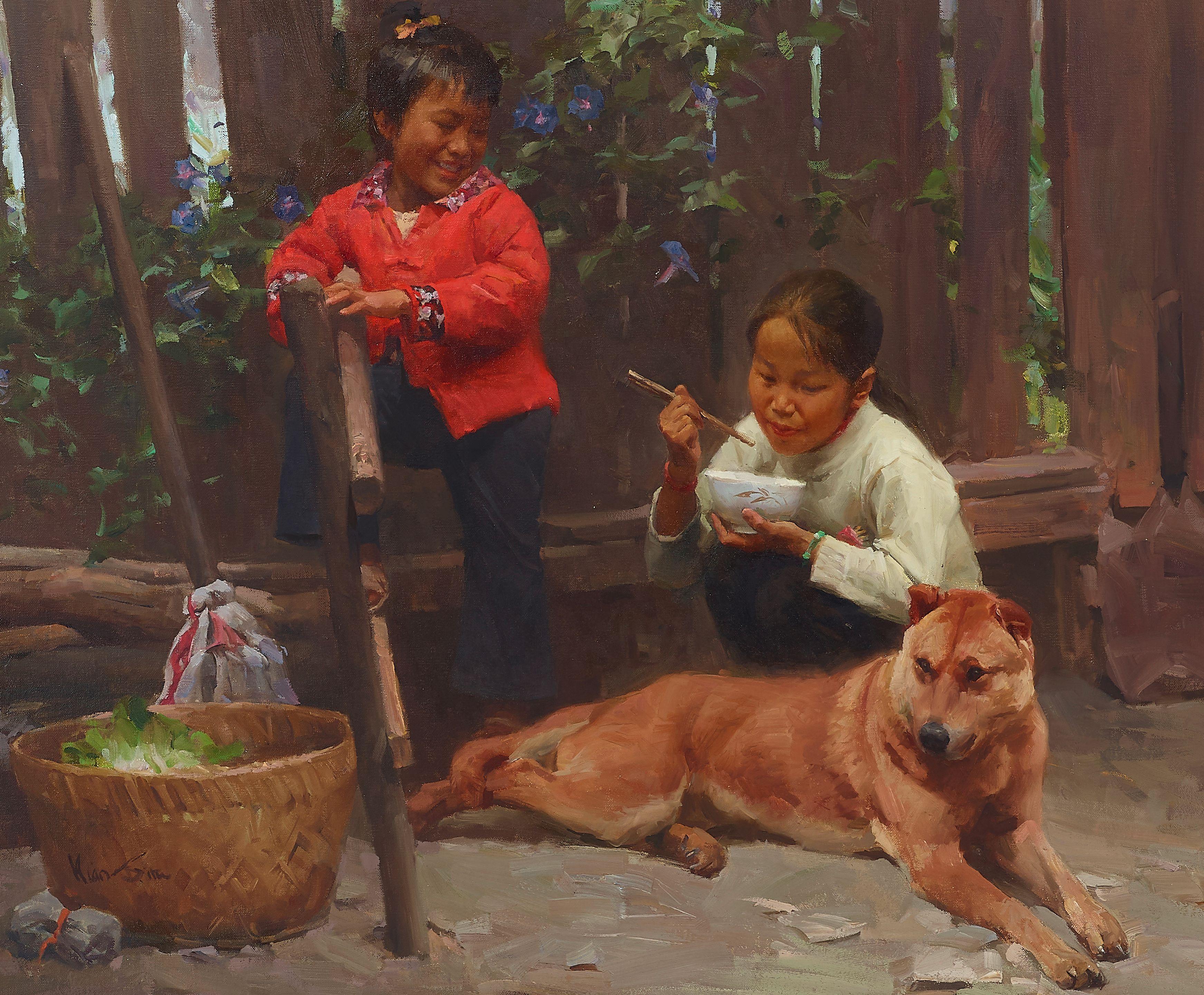 Mian Situ - Children and Dog 20 x 24 in. framed 27 x 30 1/2 in.