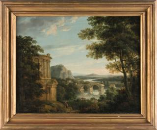 Michael Angelo Rooker - An Italianate landscape with a temple and a ruined building