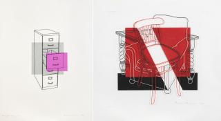 Michael Craig-Martin - a) Study for single file, 1982 b) Study for painting (armchair, chair, table), 1985