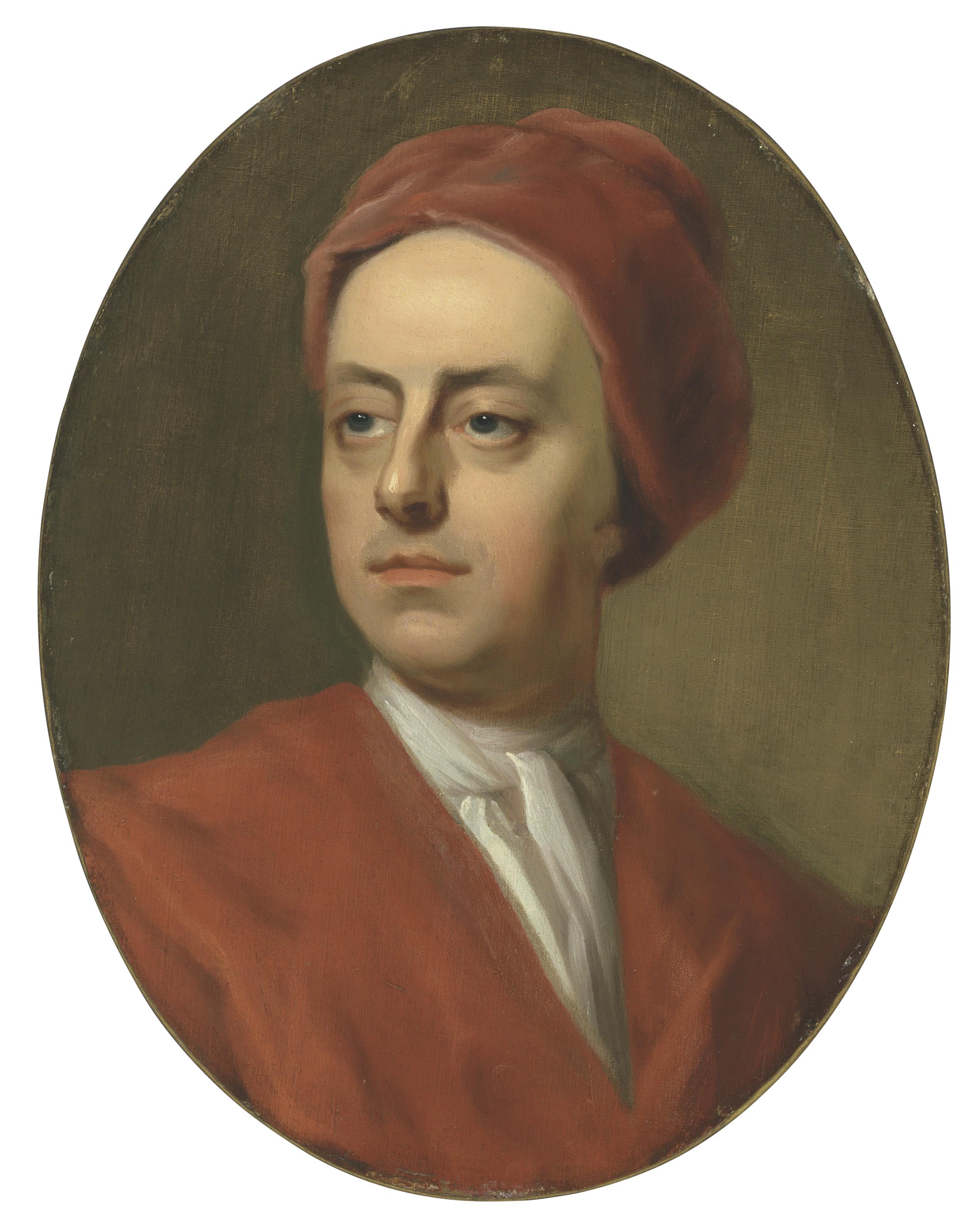 Michael Dahl - Portrait of a gentleman, traditionally identified as the artist, bust-length, in a red cap and banyan