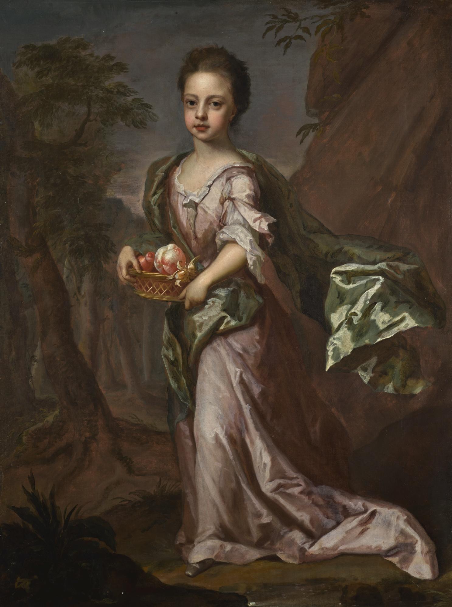 Michael Dahl - Portrait Of A Girl, Full-Length, Wearing A Pink Dress And Green Shawl With A Basket Of Fruit, Standing In A Landscape