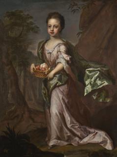 Michael Dahl - Portrait Of A Girl, Full-Length, Wearing A Pink Dress And Green Shawl With A Basket Of Fruit, Standing In A Landscape