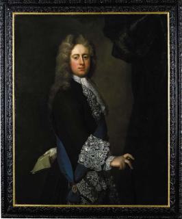 Michael Dahl - Portrait of a Knight of the Garter, in a brown coat with embroidery with lace collar and cuffs and a lace cravat, wearing the sash and Lesser George, his right hand resting on a cane, beside a draped curtain