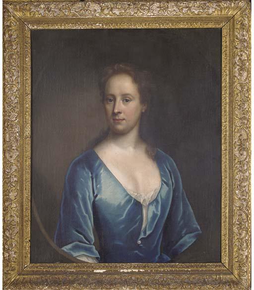 Michael Dahl - Portrait of a lady, quarter-length, in a blue dress, feigned oval