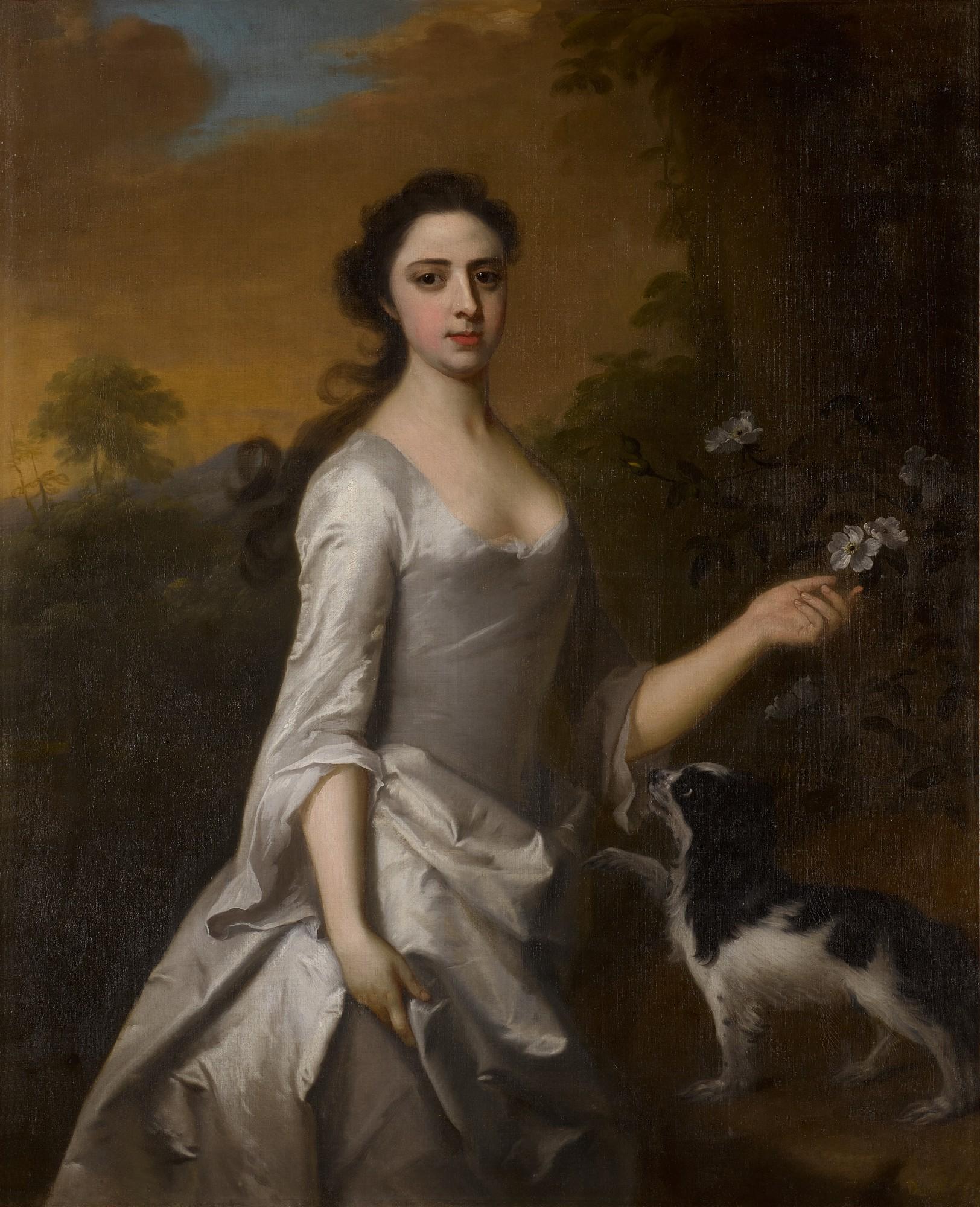 Michael Dahl - Portrait of a lady, said to be Frances Bristow, three-quarter length, in a white dress with a spaniel