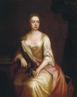 Michael Dahl - Portrait of A Lady, Three-Quarter-Length, Seated, In A Golden Satin Dress Holding A Spray of Flowers