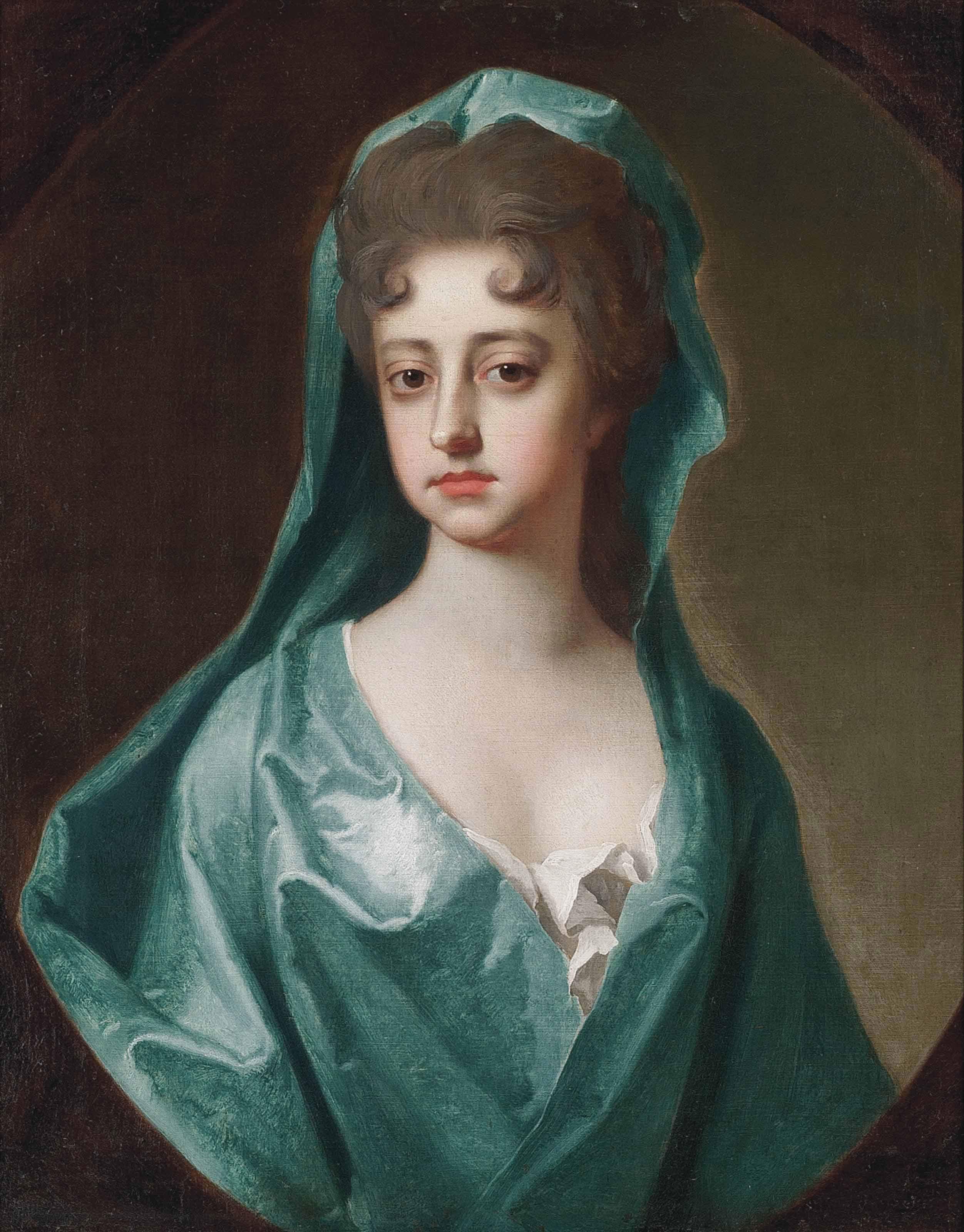 Michael Dahl - Portrait of a lady, traditionally identified as Elizabeth Felton, Lady Hervey (1676-1741), bust-length, in a blue dress and mantle, feigned oval