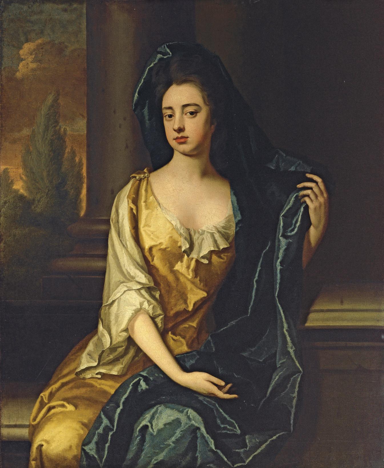 Michael Dahl - Portrait of A Lady, Traditionally Identified As Frances Whitelocke (1614-1649), Daughter of William, Lord Willoughby of Parham, Three-Quarter-Length, In A Yellow Dress With A Blue Shawl, Beside A Column, A Landscape Beyond