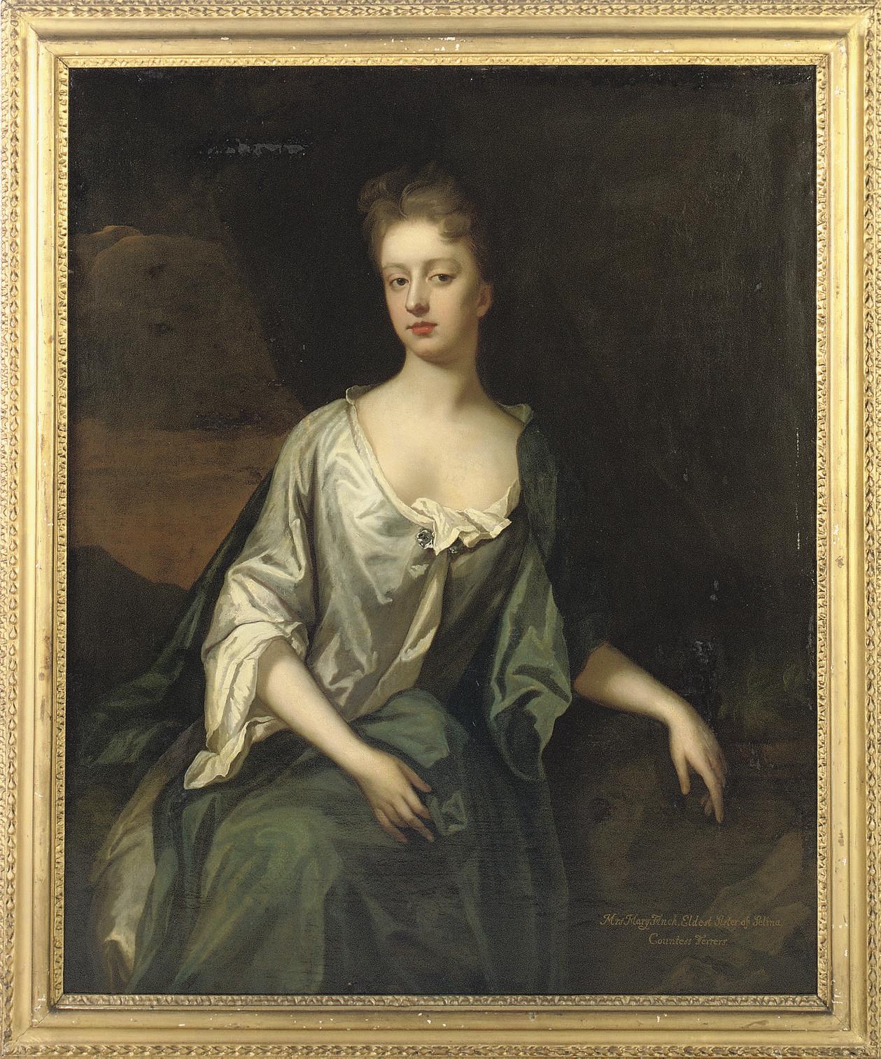 Michael Dahl - Portrait of a lady, traditionally identified as Mrs. Mary Finch, three-quarter-length, in a grey dress with a blue wrap