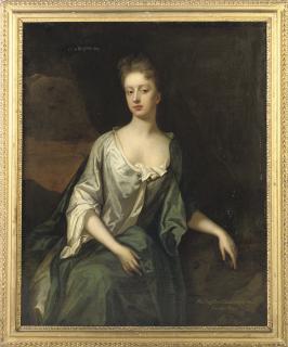 Michael Dahl - Portrait of a lady, traditionally identified as Mrs. Mary Finch, three-quarter-length, in a grey dress with a blue wrap