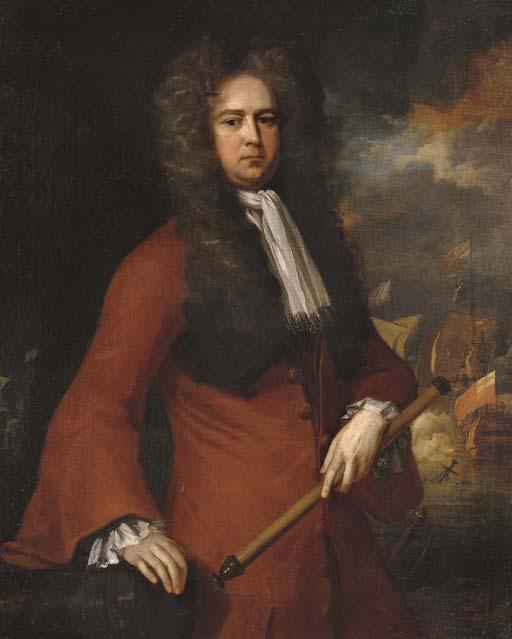 Michael Dahl - Portrait of Admiral Sir George Rooke (1650-1709), three-quarter-length, holding a telescope, a naval battle beyond
