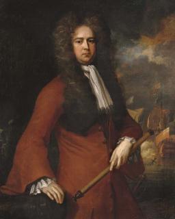 Michael Dahl - Portrait of Admiral Sir George Rooke (1650-1709), three-quarter-length, holding a telescope, a naval battle beyond
