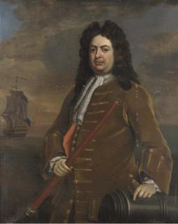 Michael Dahl - Portrait of Admiral Sir Thomas Hardy, three-quarter-length, with a telescope in his right hand, his left hand resting on a cannon, his ship beyond