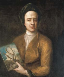 Michael Dahl - Portrait of an artist, identified as Joseph Goupy (c.1680-c.1770), half-length, holding a landscape painting in the style of Salvator Rosa