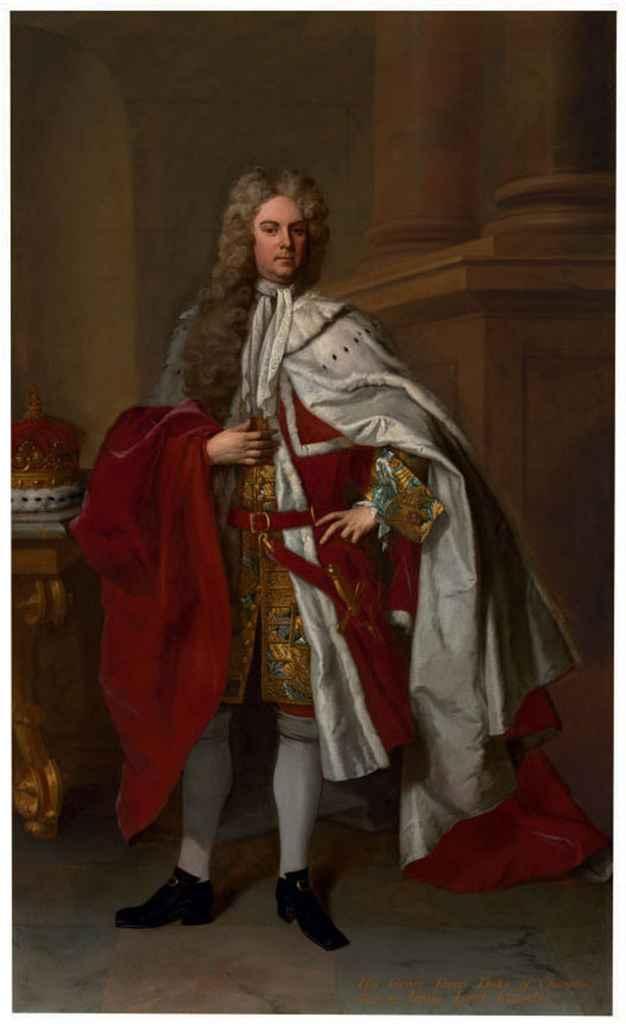 Michael Dahl - Portrait of James Brydges, 1st Duke of Chandos, full-length, in peer\'s robes with a ducal coronet