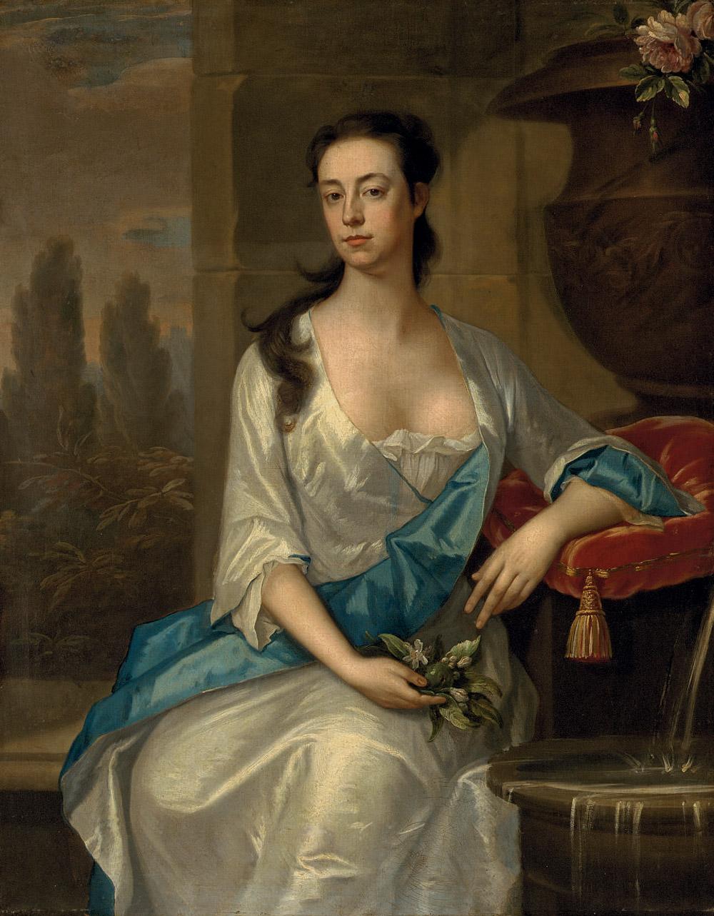 Michael Dahl - Portrait of Mary Parker, wife of Daniel Dering, seated three-quarters-length, by a fountain