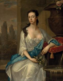 Michael Dahl - Portrait of Mary Parker, wife of Daniel Dering, seated three-quarters-length, by a fountain