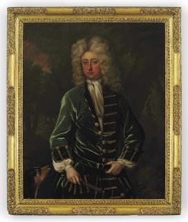 Michael Dahl - Portrait of Sir Charles Shuckburgh, 2nd Bt., Master of the Staghounds to Queen Anne, three-quarter-length, in a green coat with gold buttons, holding a riding crop with a dog in a wooded landscape