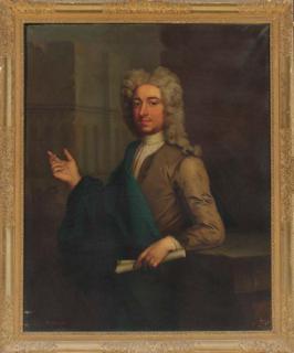 Michael Dahl - Portrait of the architect John Buxton, three-quarter-length, in a brown coat and blue cloak, holding a scroll, pointing to a building, resting his arm on a plinth