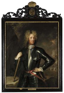 Michael Dahl - Portrait of the Duke of Schomberg, three-quarter-length, in armour, holding a baton in his right hand, in a landscape, a battle beyond