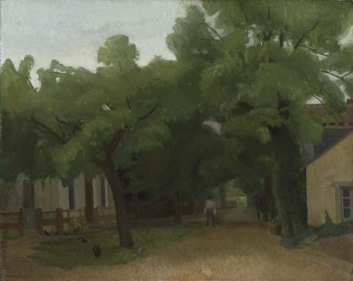 Michael Farrell - A village scene with a figure and chickens