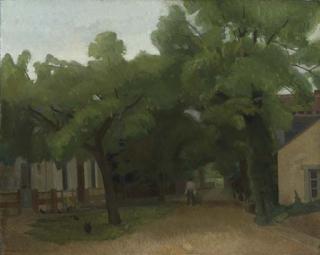 Michael Farrell - A village scene with a figure and chickens