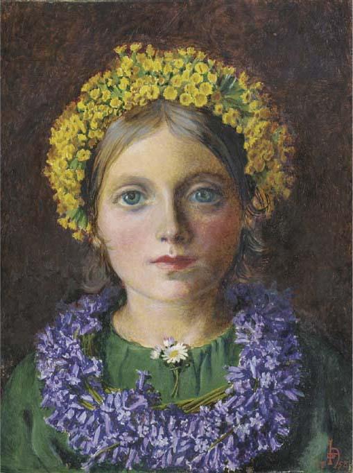 Michael Frederick Halliday - Portrait of a Girl, adorned with cowslips, bluebells and a daisy