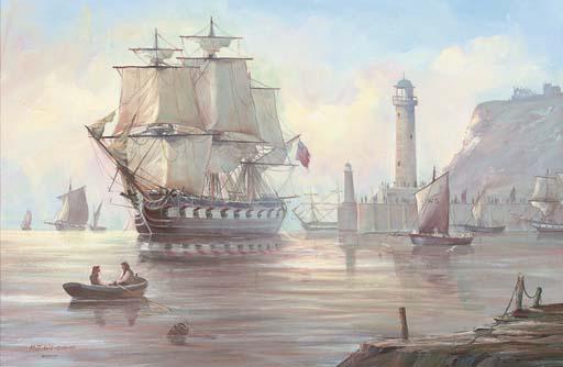 Michael James Whitehand - A frigate drying her sails and lying at anchor off Whitby